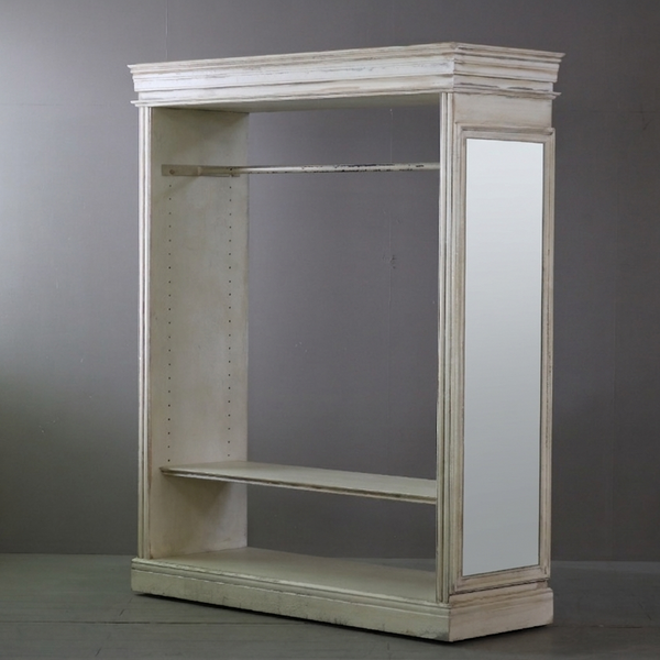 アンティーク調 オープンシェルフ&ハンガーラック ミラー付き キャスター付き 木製 什器 高さ192㎝ 幅156㎝ 奥行き56㎝ 【C783】