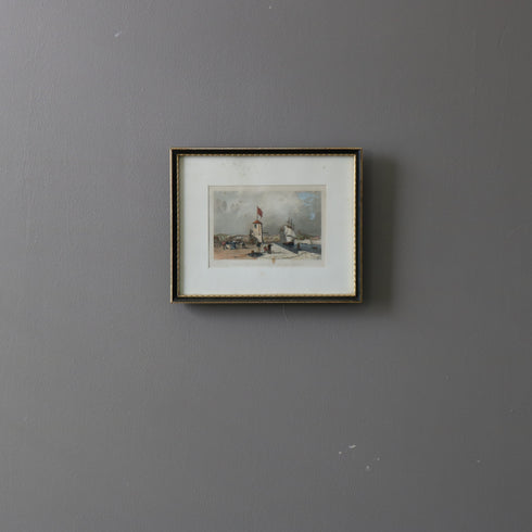 ヴィンテージ ウォールアート|イギリス サンダーランド港 1829年表記 風景版画|ブラックフレーム×金彩|K21 【配送ランクSS】