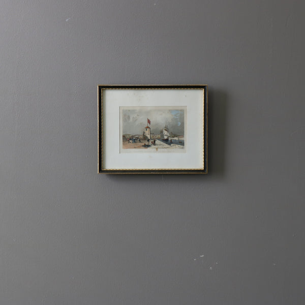 ヴィンテージ ウォールアート|イギリス サンダーランド港 1829年表記 風景版画|ブラックフレーム×金彩|K21 【配送ランクSS】