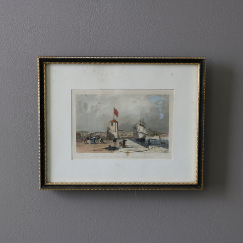 ヴィンテージ ウォールアート|イギリス サンダーランド港 1829年表記 風景版画|ブラックフレーム×金彩|K21 【配送ランクSS】