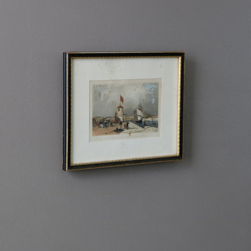 ヴィンテージ ウォールアート|イギリス サンダーランド港 1829年表記 風景版画|ブラックフレーム×金彩|K21 【配送ランクSS】