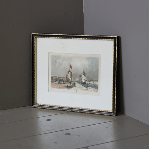 ヴィンテージ ウォールアート|イギリス サンダーランド港 1829年表記 風景版画|ブラックフレーム×金彩|K21 【配送ランクSS】