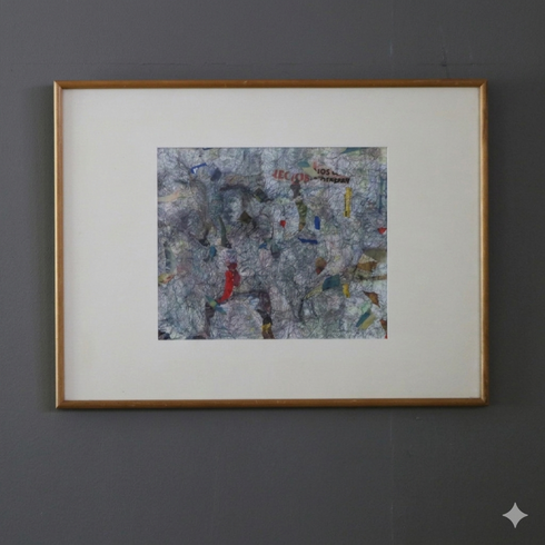 木目の額縁に入った、繊維質で抽象的なコラージュ・ミクストメディアのアート作品