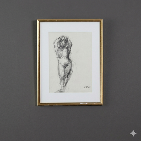 ゴールドの額縁に入った、女性の体を鉛筆や炭で描いたモノクロの素描・デッサン画(右下に作家のサイン入り)